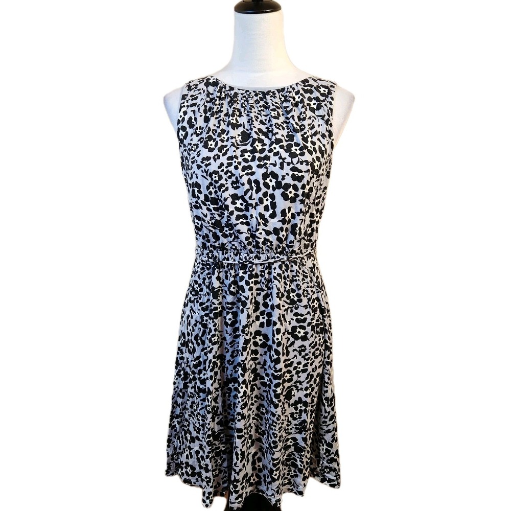 Loft Ann Taylor Womens Medium Dress Gray Cotton Floral Print Sleeveless Belted‎